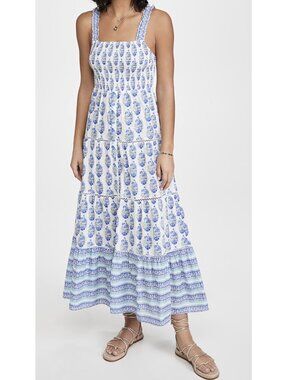 Playa Lucila Maxi Smock Border Dress S Straps Tiered Cotton Floral Romantic